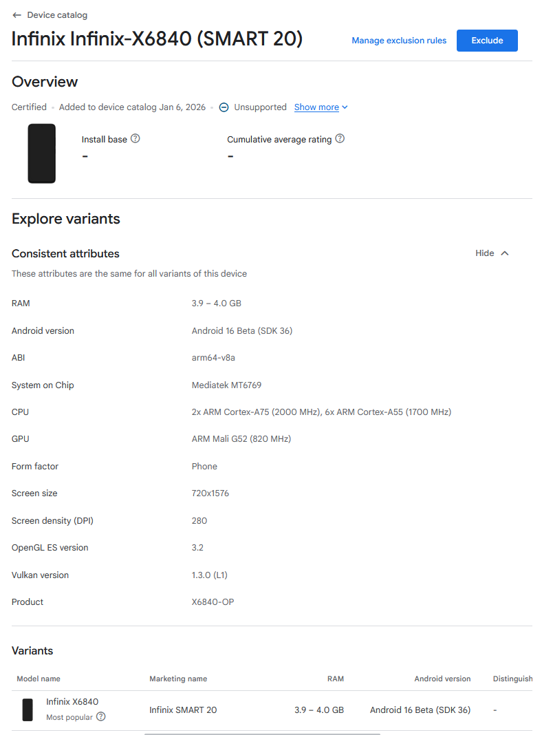 Infinix SMART 20 Specs on Google Play Console
